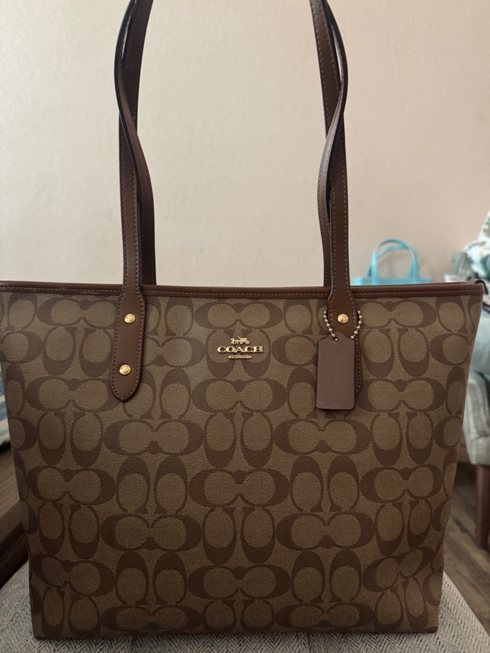 PRE-loved-like new, Coach Classic khaki/ brown signature zip tote .